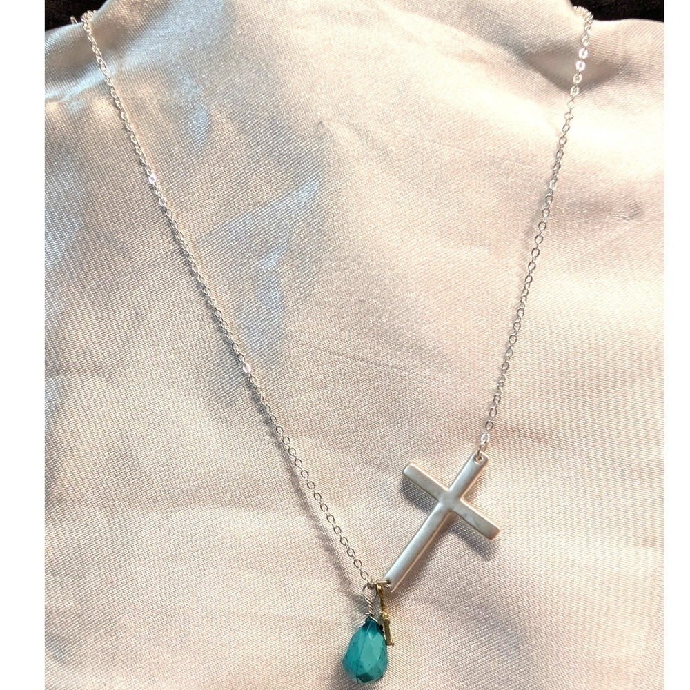 New‎ Sideways Crosses Necklace Silvertone Faux Turquoise Teardrop Dangle Boho
